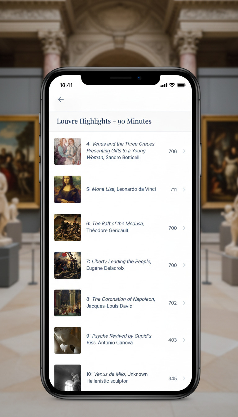 Museum Made Easy iPhone mockup showing Louvre highlights audio tour